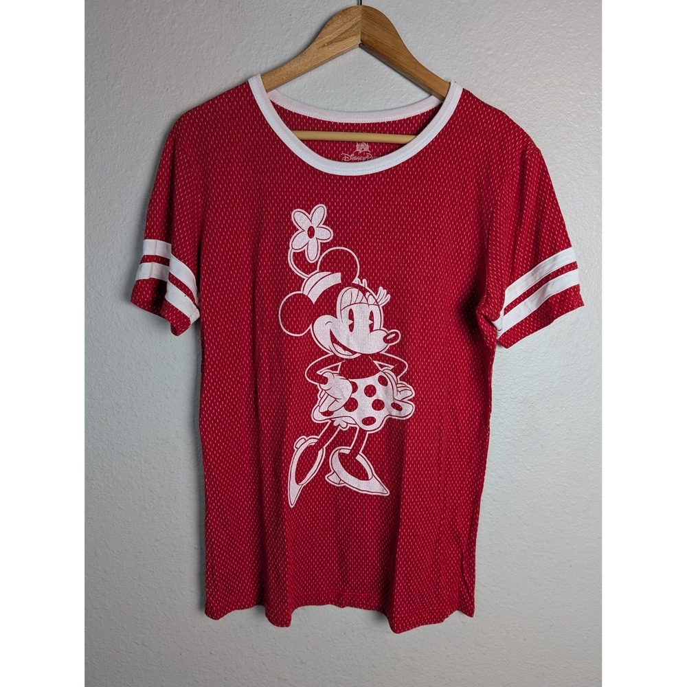 Disney Parks T-Shirt Womens L Red Ringer Minnie Mouse Crew Neck Jersey